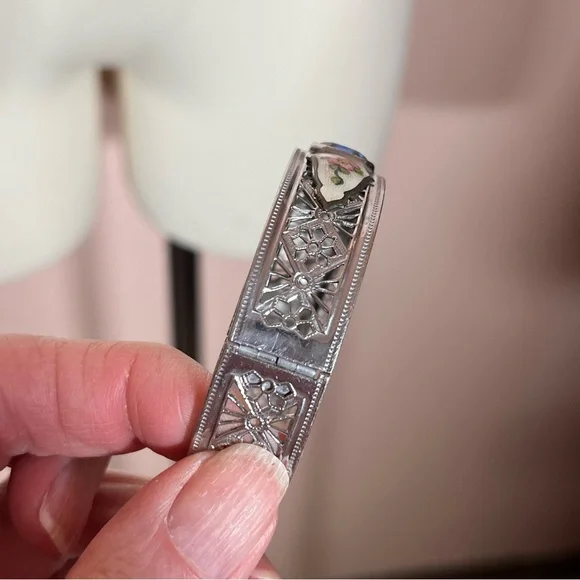 Vintage antique Victorian Art deco Silver Filagree Rose Enamel Blue Bracelet - Picture 12 of 17